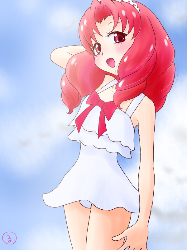 kasuga rurito, akagi towa, go! princess precure, precure, 10s, 1girl, arm up, artist logo, blue sky, blush, bow, drill hair, hairband, logo, long hair, one-piece swimsuit, open mouth, red eyes, red hair, sky, smile, solo, swimsuit