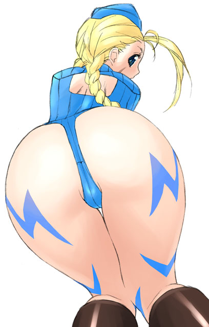 cammy white, capcom, street fighter, 1girl, ahoge, ass, ass focus, blonde hair, blue eyes, bodypaint, female focus, hat, leotard, long hair, solo, thigh gap, thong leotard