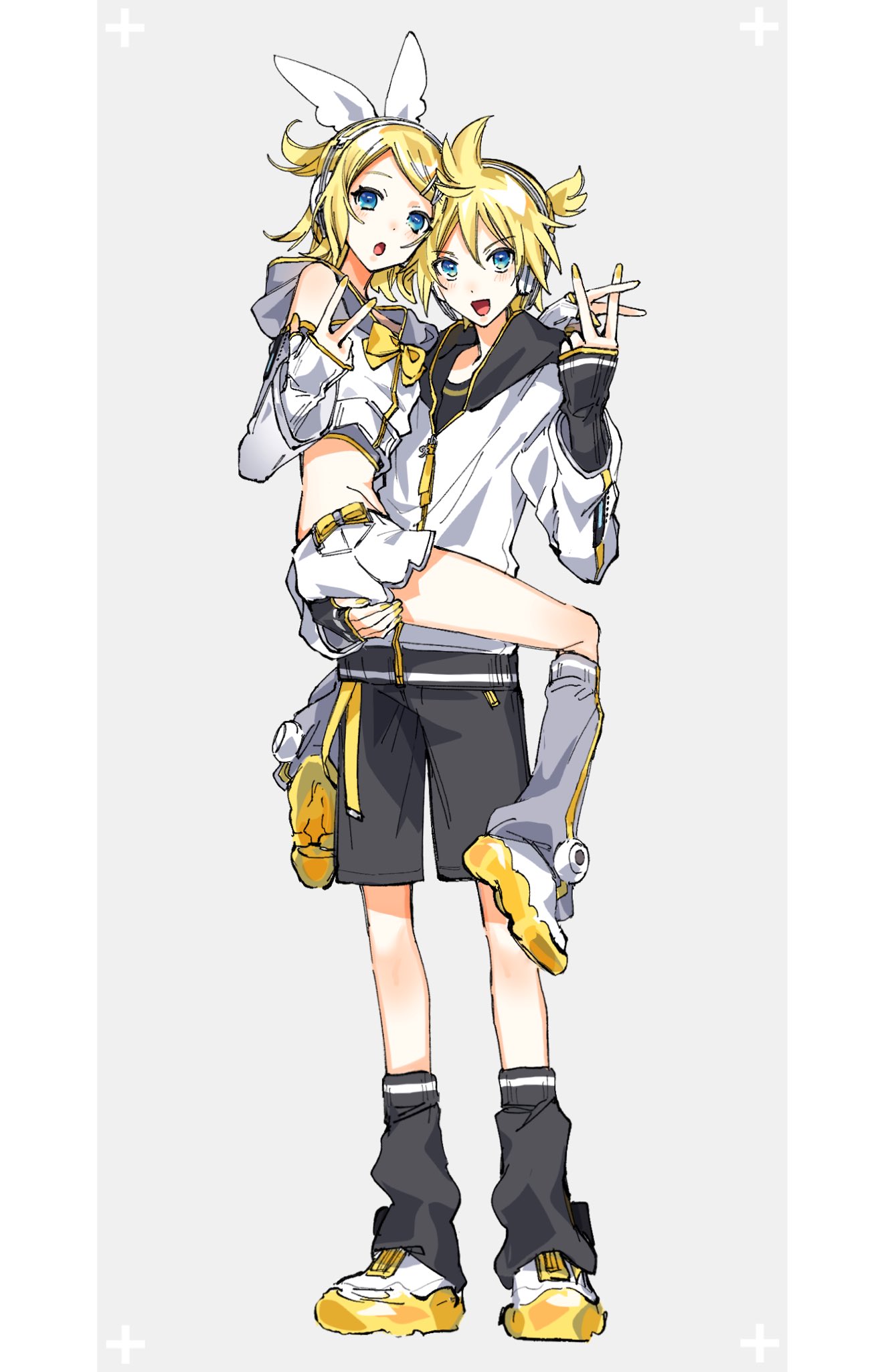 ooima youdai, kagamine len, kagamine rin, piapro studio, vocaloid, highres, 1boy, 1girl, bare shoulders, bass clef, belt, black shorts, blonde hair, blue eyes, bow, carrying, crop top, detached sleeves, full body, hair bow, hair ornament, hairclip, headphones, hood, hoodie, jacket, kagamine len (nt), kagamine rin (nt), leg warmers, looking at viewer, midriff, nail polish, open mouth, ponytail, sailor collar, shirt, shoes, short hair, short ponytail, short shorts, shorts, siblings, sleeveless, smile, sneakers, spiked hair, standing, swept bangs, twins, v, white bow, white jacket, white shorts, yellow nails