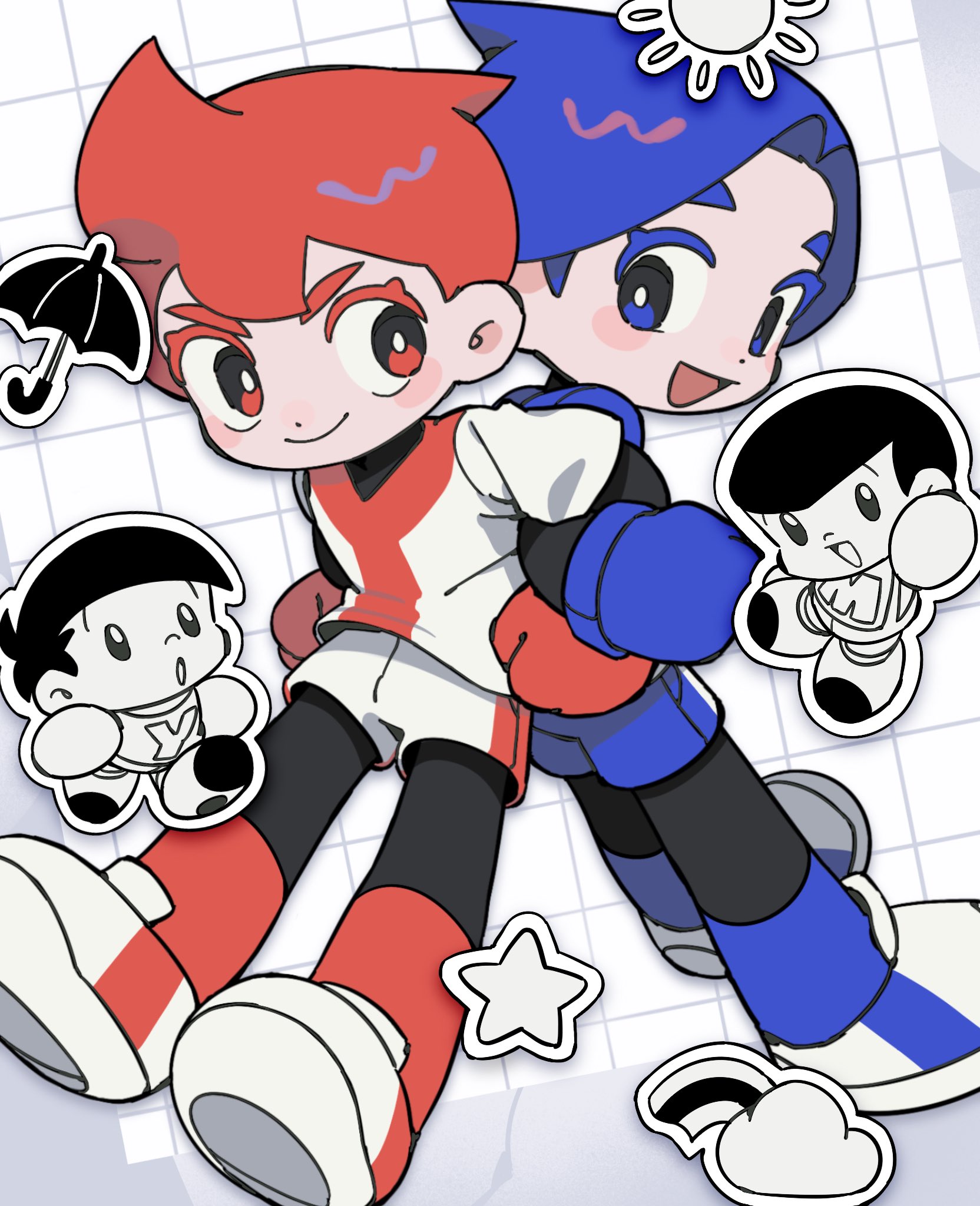 nankai (nankai san), original, highres, 2boys, blue eyes, blue hair, blue socks, blush, bodysuit, chibi, chibi inset, globe, looking at another, multiple boys, open mouth, red eyes, red hair, red socks, shorts, smile, socks, standing, thick eyebrows