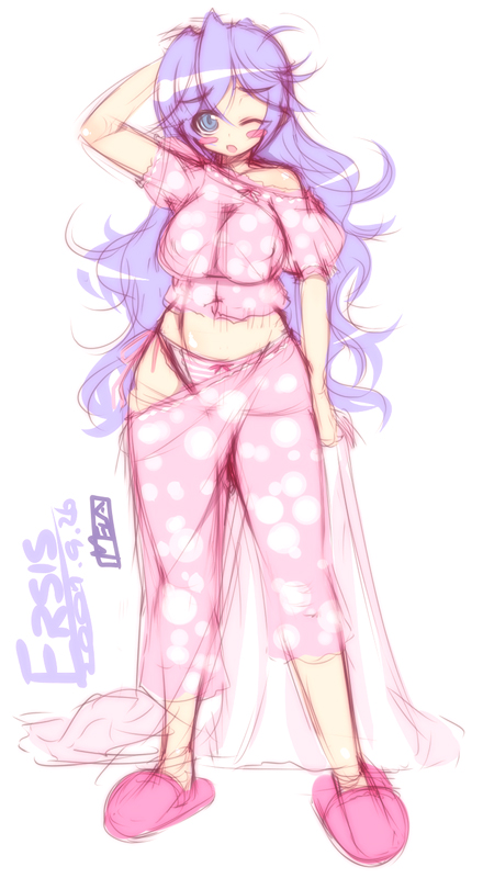 mel/a, ersis, original, 1girl, blanket, blue eyes, blue hair, blush stickers, breasts, female focus, large breasts, long hair, matching hair/eyes, messy hair, midriff, off shoulder, one eye closed, pajamas, panties, sleepy, slippers, solo, striped clothes, striped panties, underwear, wink