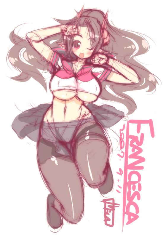 mel/a, akatsuki francesca, original, 1girl, breasts, brown hair, demon girl, female focus, hair ribbon, horns, huge breasts, long hair, mature female, midriff, one eye closed, panties, panties under pantyhose, pantyhose, pointy ears, ponytail, red eyes, ribbon, school uniform, serafuku, sketch, solo, underboob, underwear, wink