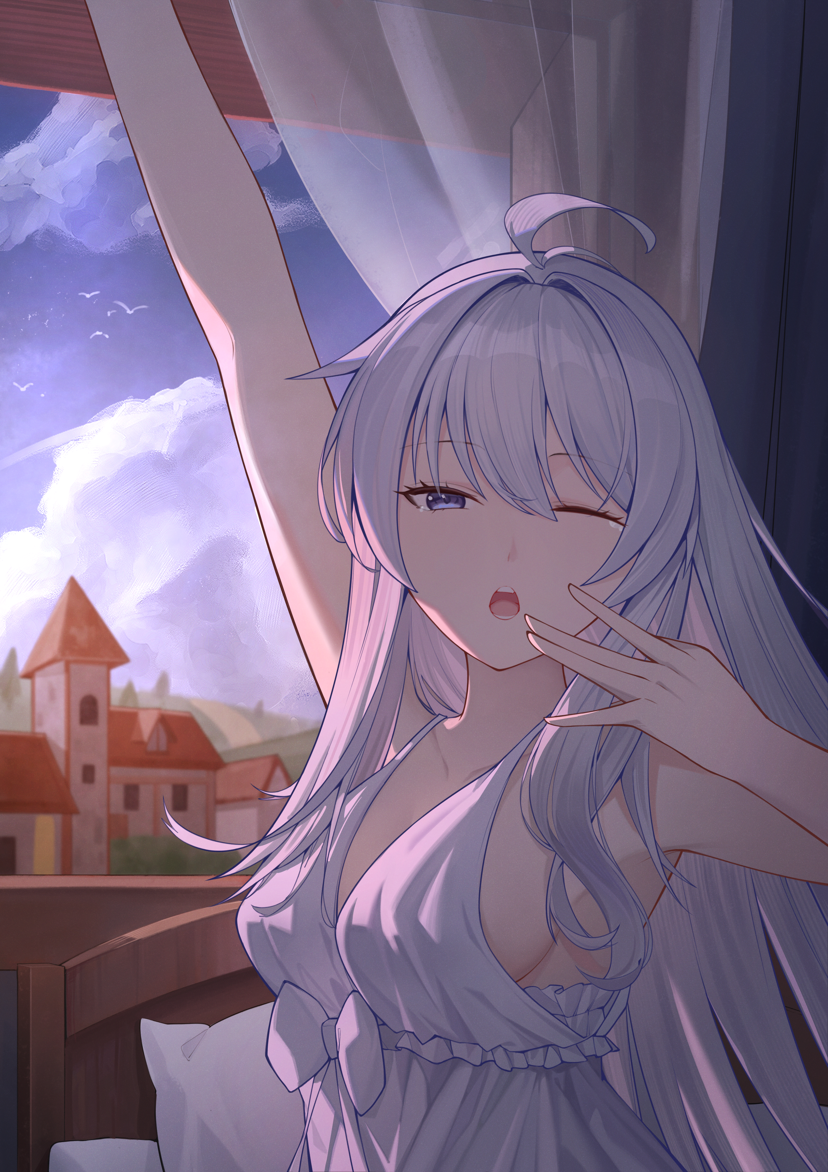 elaina (majo no tabitabi), majo no tabitabi, absurdres, highres, 1girl, ahoge, alternate breast size (larger), arm up, bed, bow, breasts, building, cloud, cloudy sky, hair between eyes, headboard, hill, long hair, medium breasts, nightgown, on bed, one eye closed, open mouth, pillow, purple eyes, road, sitting, sky, solo, tree, user eyz1537, white hair, window, yawning
