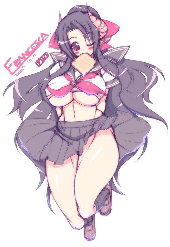 mel/a, akatsuki francesca, original, 1girl, black hair, blush, bread, bread slice, breasts, brown hair, curvy, demon girl, female focus, food, food in mouth, hip focus, horns, huge breasts, long hair, mature female, midriff, mouth hold, navel, one eye closed, pointy ears, red eyes, ribbon, school uniform, serafuku, skirt, solo, toast, toast in mouth, underboob, wide hips, wink