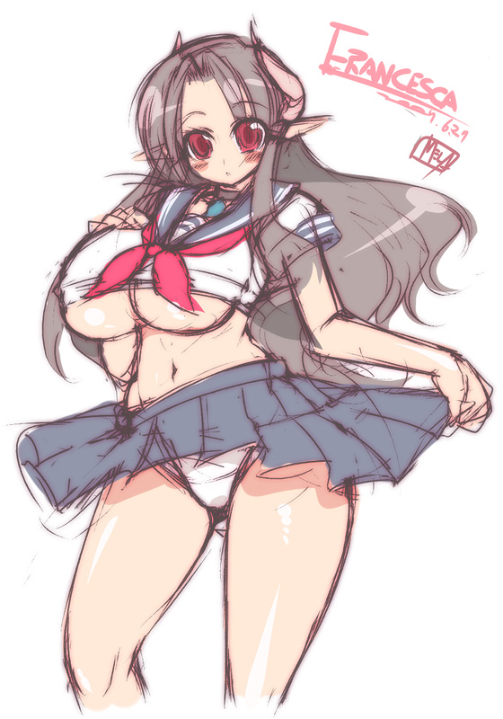 mel/a, akatsuki francesca, original, 1girl, black hair, breasts, brown hair, choker, clothes lift, crop top, demon girl, female focus, horns, large breasts, long hair, mature female, no bra, panties, pointy ears, red eyes, school uniform, serafuku, sketch, skirt, skirt lift, solo, underboob, underwear, upskirt
