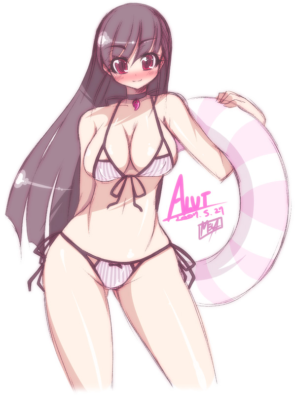 mel/a, akatsuki alut, original, 1girl, bikini, black hair, blush, breasts, choker, female focus, innertube, jewelry, large breasts, long hair, pendant, red eyes, side-tie bikini bottom, solo, striped bikini, striped clothes, swim ring, swimsuit, vertical-striped bikini, vertical-striped clothes