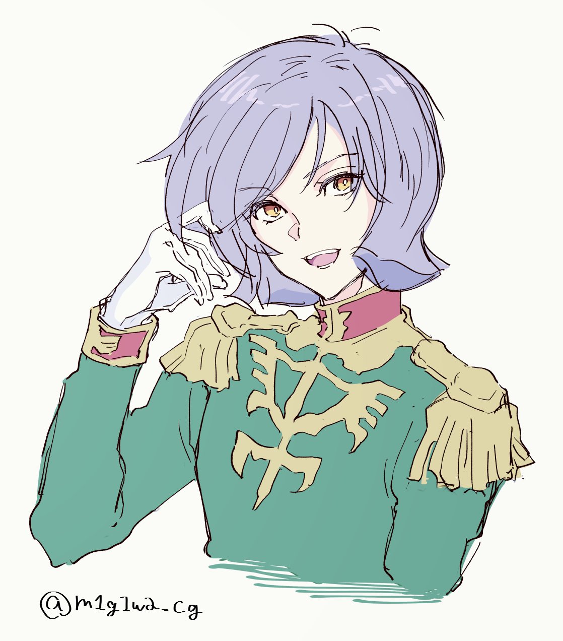 migiwa (pixiv121486), garma zabi, gundam, mobile suit gundam, commentary, highres, 1boy, artist name, bright pupils, brown eyes, epaulettes, gloves, green jacket, high collar, jacket, long sleeves, looking at viewer, male focus, military uniform, open mouth, purple hair, science fiction, simple background, smile, solo, twitter username, white background, white gloves, white pupils, yellow eyes, zeon