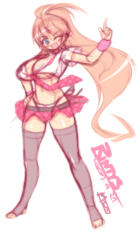 mel/a, rintys, original, 1girl, blue eyes, breasts, brown hair, cleavage, female focus, highleg, highleg panties, large breasts, long hair, miniskirt, necktie, one eye closed, panties, ponytail, sketch, skirt, solo, thighhighs, toeless legwear, toes, underboob, underwear, wink