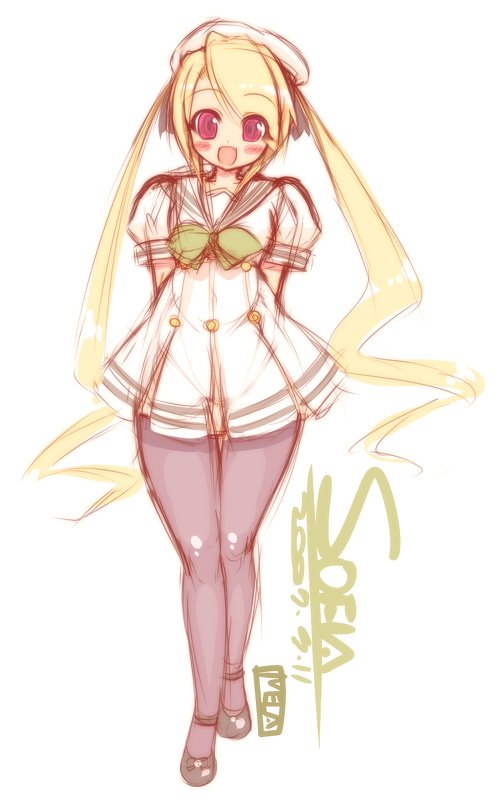 mel/a, sofia (mel/a), original, 1girl, arms behind back, beret, blonde hair, blush, female focus, hat, long hair, pantyhose, red eyes, school uniform, solo, twintails