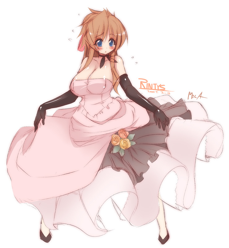 mel/a, rintys, original, 1girl, blue eyes, blush, breasts, brown hair, choker, cleavage, curtsey, dress, elbow gloves, embarrassed, female focus, flower, formal clothes, gloves, high heels, huge breasts, long hair, shoes, skirt hold, solo