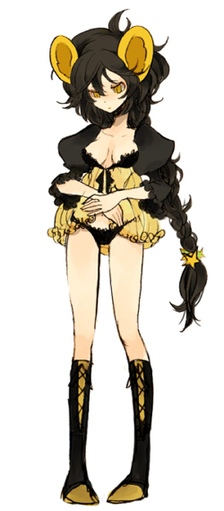 l hakase, luxray, shinx, nintendo, pokemon, bad id, bad pixiv id, 1girl, animal ears, babydoll, black hair, boots, braid, breasts, female focus, full body, gen 4 pokemon, kneehighs, lingerie, long hair, medium breasts, panties, personification, simple background, socks, solo, standing, underwear, white background, yellow eyes