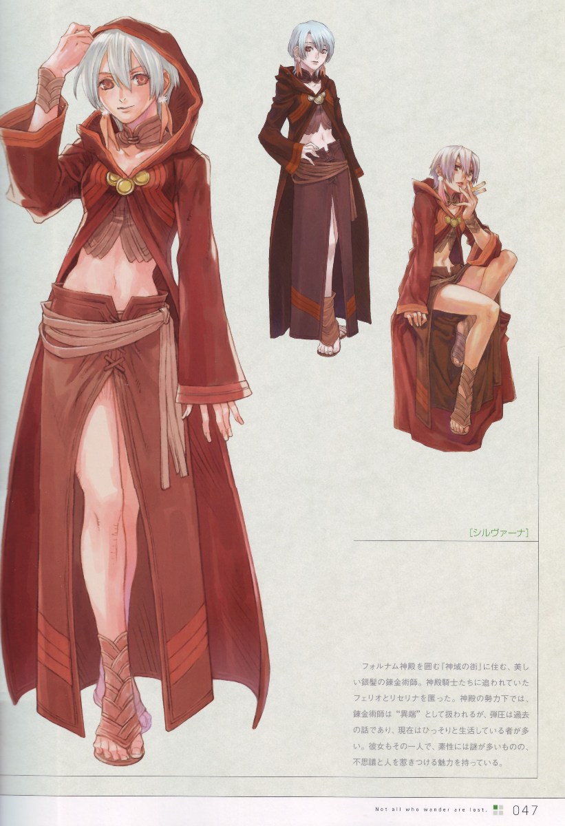 iwasaki minako, sylvana (sora no kane), sora no kane no hibiku hoshi de, highres, official art, scan, translation request, 1girl, choker, earrings, fantasy, feathers, female focus, full body, hand on own hip, hip focus, hood, jewelry, midriff, navel, robe, sandals, short hair, sitting, solo, vial, white hair, wristband