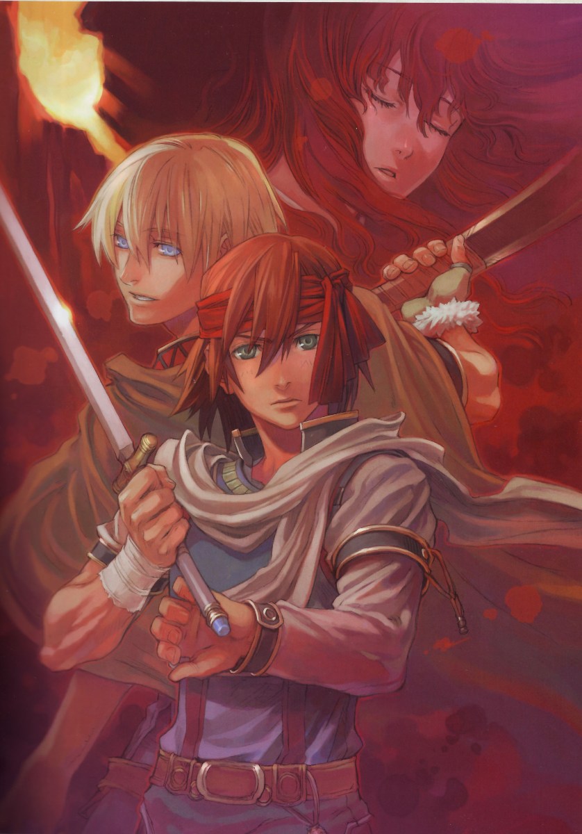 iwasaki minako, avin, eimelle, mile, akai shizuku, eiyuu densetsu, falcom, highres, scan, 1girl, 2boys, fantasy, gagharv trilogy, multiple boys, sword, warrior, weapon