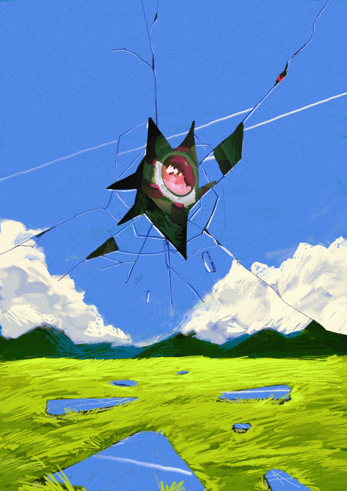 ookiitora128706, palkia, nintendo, pokemon, highres, blue sky, cloud, crack, field, gen 4 pokemon, legendary pokemon, looking at viewer, mountainous horizon, no humans, pokemon (creature), red eyes, sky