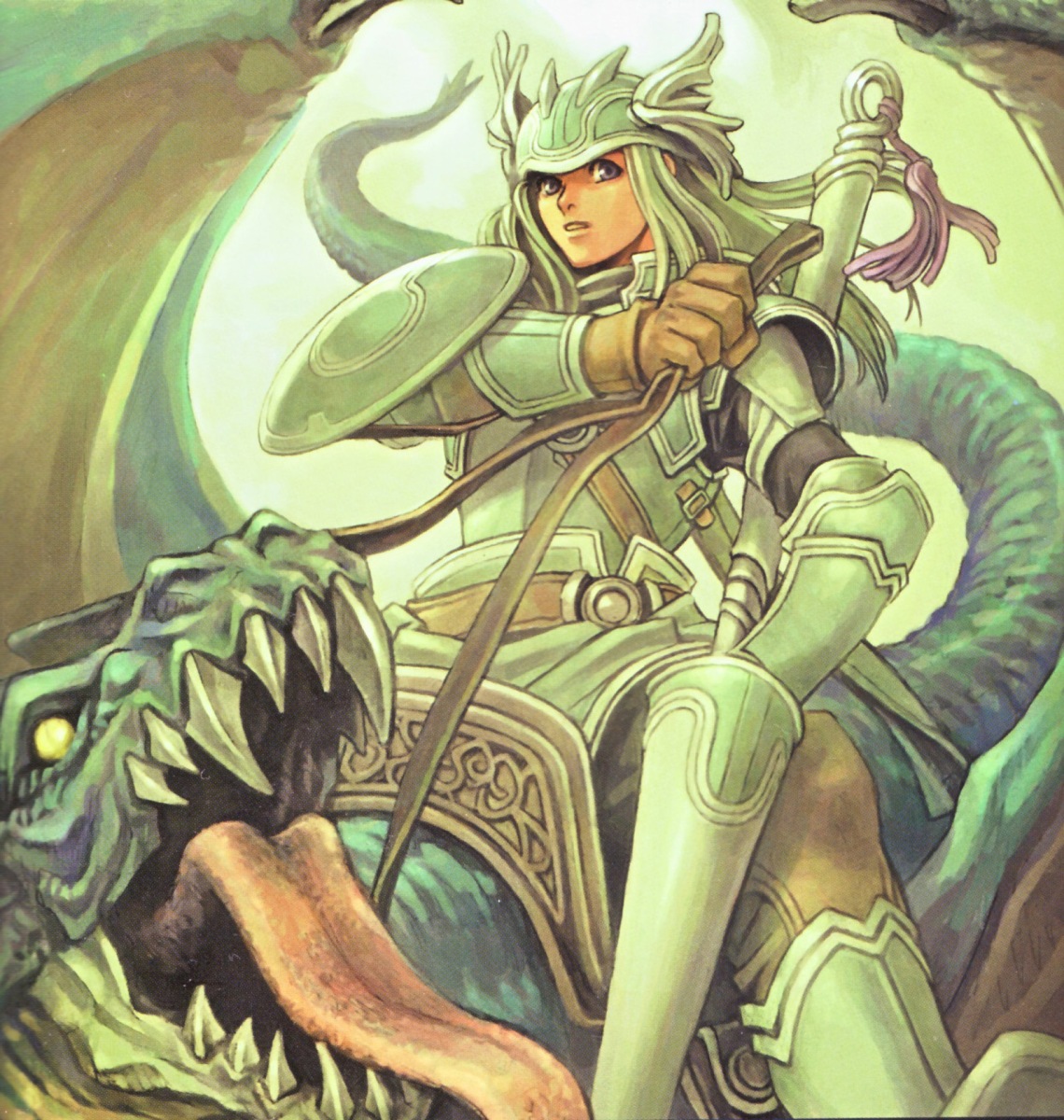 iwasaki minako, aquarian age, highres, scan, 1girl, battle, dragon, fantasy, female focus, helmet, lance, polearm, solo, spear, valkyrie, warrior, weapon