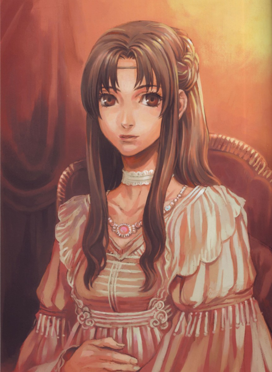 iwasaki minako, highres, scan, 1girl, braid, brown eyes, brown hair, dress, female focus, half updo, indoors, jewelry, long hair, necklace, sitting, solo, upper body