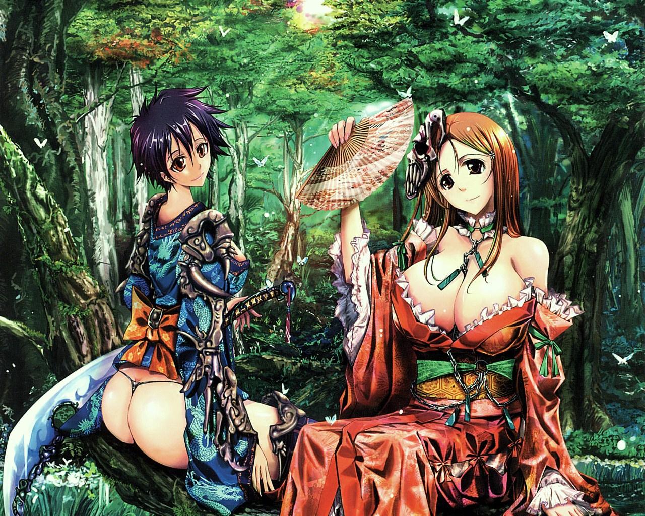 arisawa tatsuki, inoue orihime, bleach, 00s, 2girls, ass, black hair, breasts, brown hair, cleavage, japanese clothes, long hair, multiple girls, panties, short hair, thong, underwear