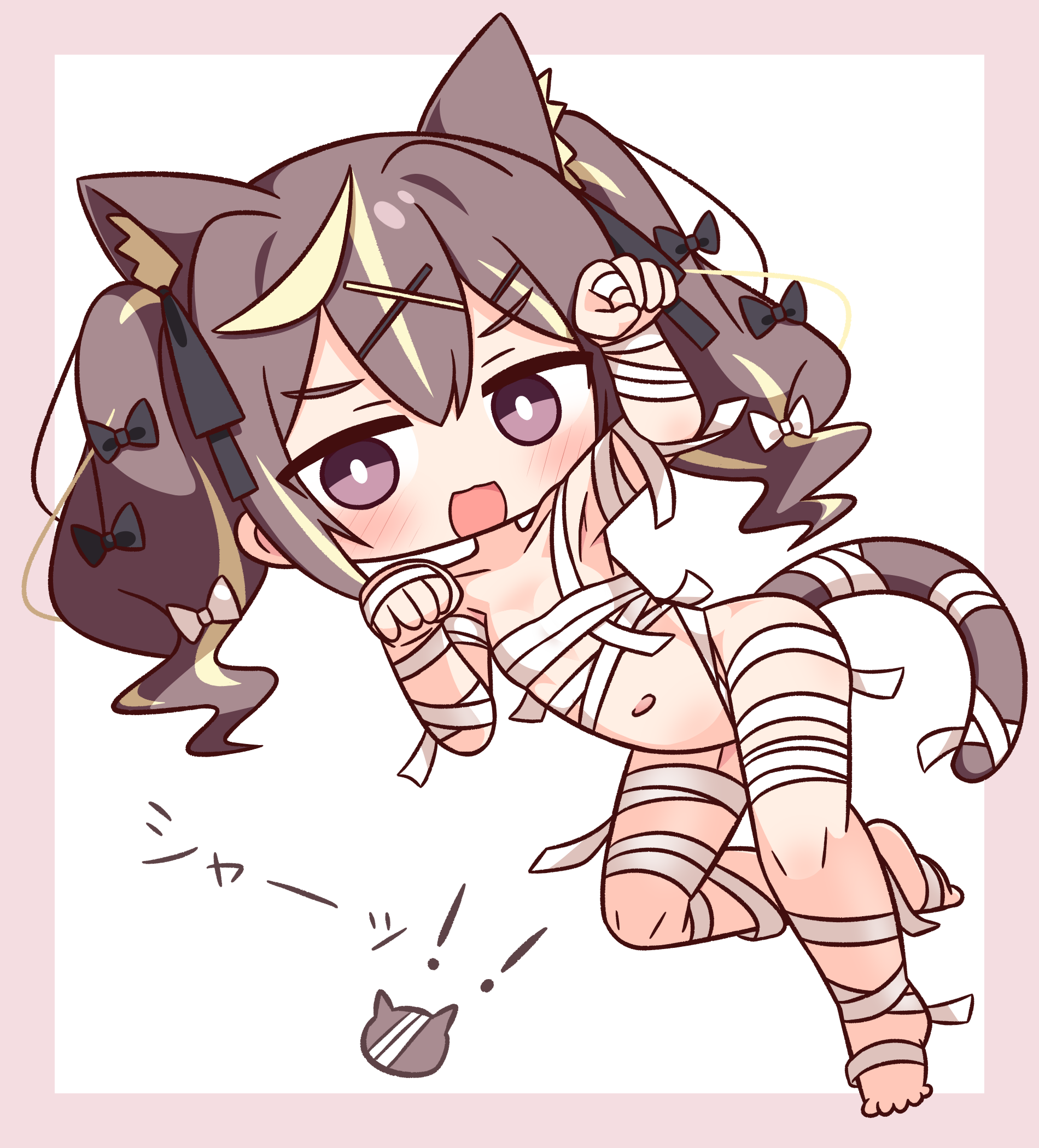 hana kazari, rena (blue archive), blue archive, highres, translation request, !, !!, 1girl, :d, animal ear fluff, animal ears, arm up, bandages, black bow, blonde hair, blush, border, bow, breasts, brown hair, cat ears, cat girl, cat tail, chibi, full body, hair between eyes, hair bow, hair ornament, hairclip, hand up, looking at viewer, multicolored hair, naked bandage, navel, open mouth, paw pose, pink border, purple eyes, small breasts, smile, solo, streaked hair, tail, twintails, v-shaped eyebrows, white background, white bow, x hair ornament