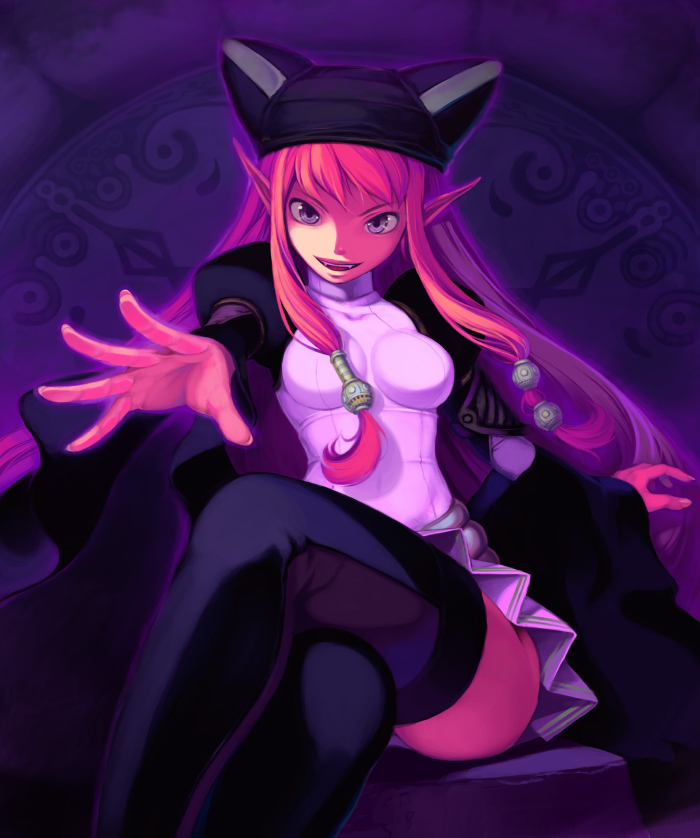 kurokurokuro, original, 1girl, animal ears, animal hat, crossed legs, fangs, female focus, foreshortening, hat, pointy ears, sitting, smile, solo, thighhighs