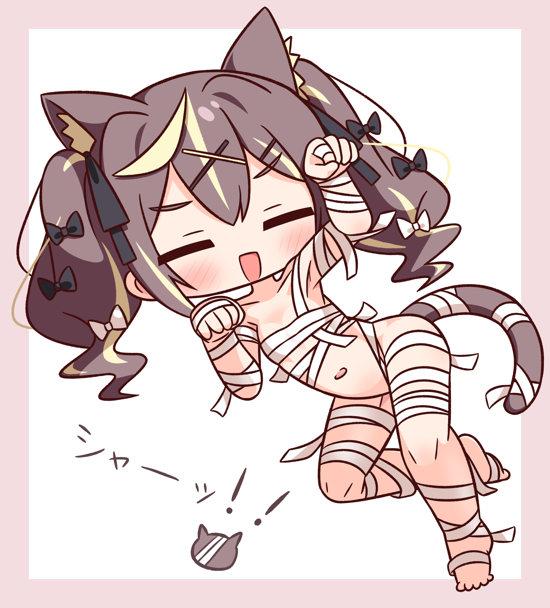 hana kazari, rena (blue archive), blue archive, highres, translation request, !, !!, 1girl, :d, animal ear fluff, animal ears, arm up, bandages, black bow, blonde hair, blush, border, bow, breasts, brown hair, cat ears, cat girl, cat tail, chibi, closed eyes, facing viewer, full body, hair between eyes, hair bow, hair ornament, hairclip, hand up, multicolored hair, naked bandage, navel, open mouth, paw pose, pink border, small breasts, smile, solo, streaked hair, tail, twintails, v-shaped eyebrows, white background, white bow, x hair ornament