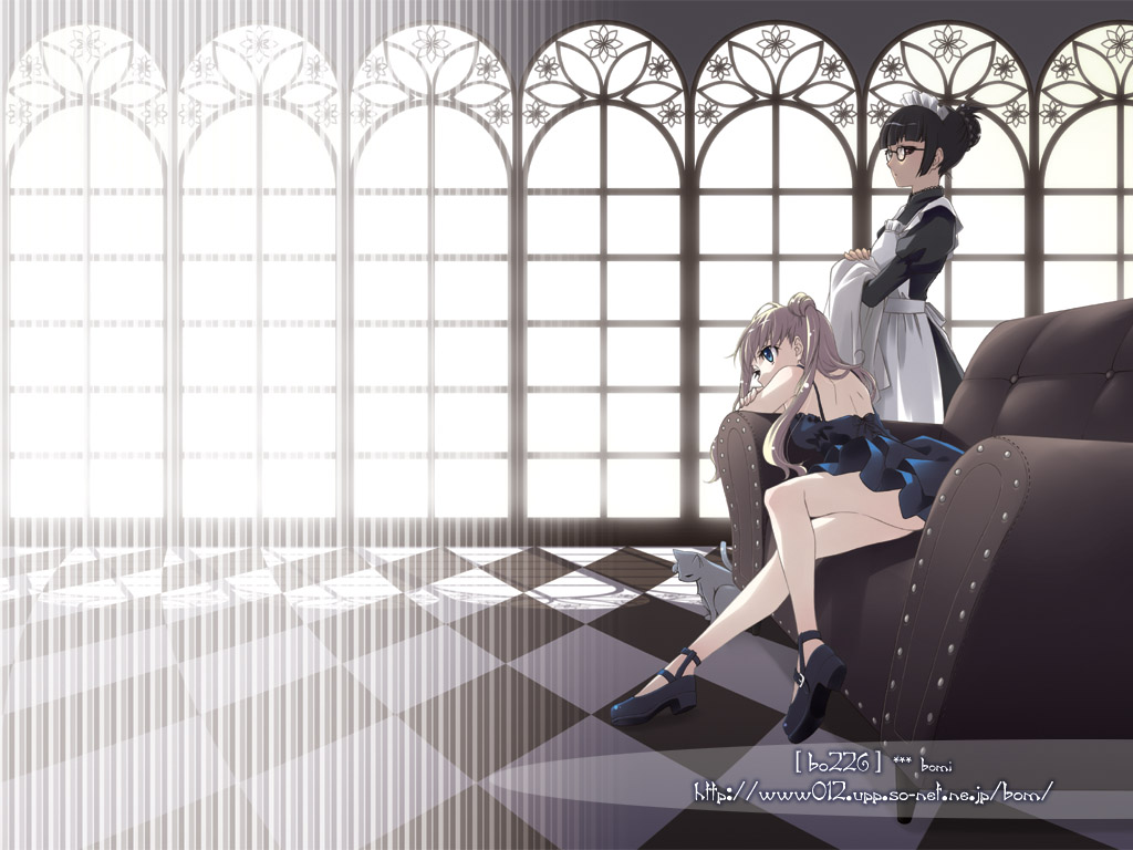 bomi, original, 2girls, black eyes, black hair, blonde hair, blue eyes, cat, couch, glasses, legs, maid, multiple girls, thighs