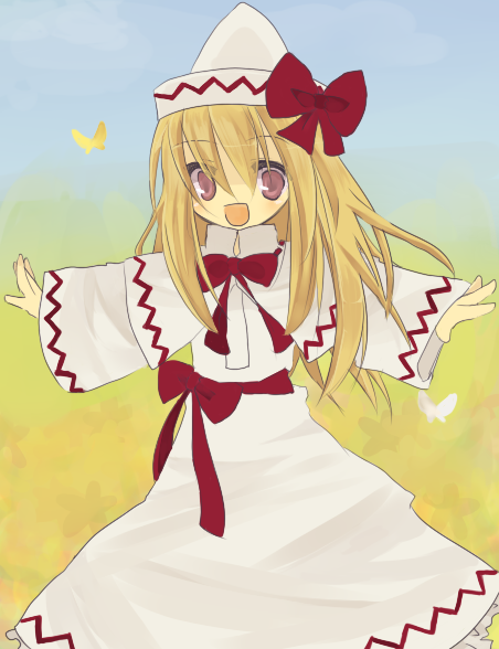 lily white, touhou, 1girl, :d, blush, bow, bowtie, cowboy shot, dress, female focus, hat, hat bow, long sleeves, looking at viewer, open mouth, outstretched arms, red bow, red bowtie, smile, solo, standing, tareme, white dress
