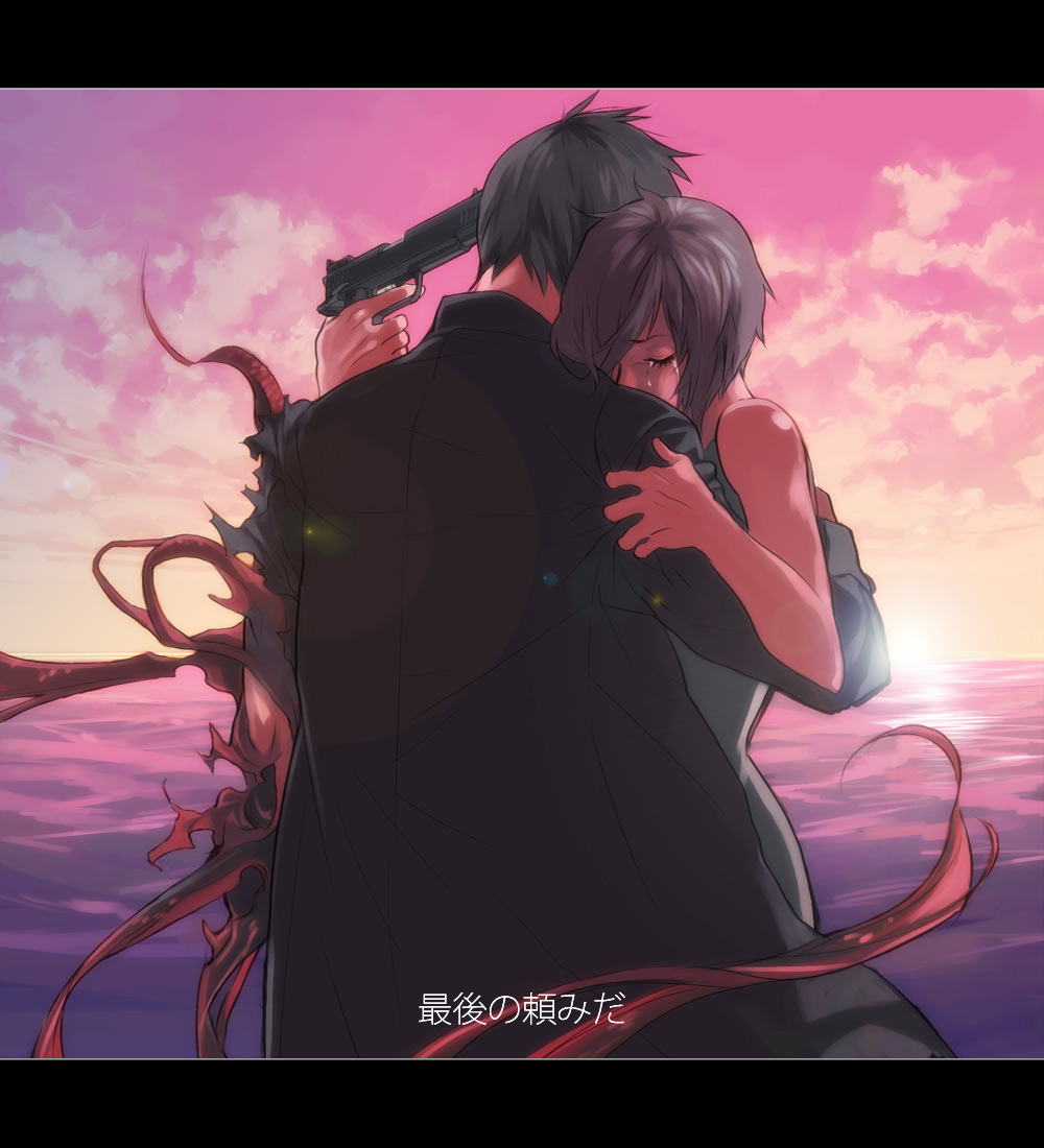 mayumio, original, bad id, bad pixiv id, translation request, 1boy, 1girl, cloud, demon, gun, handgun, letterboxed, monster, ocean, octopus, pistol, scenery, sky, subtitled, sunset, tears, weapon