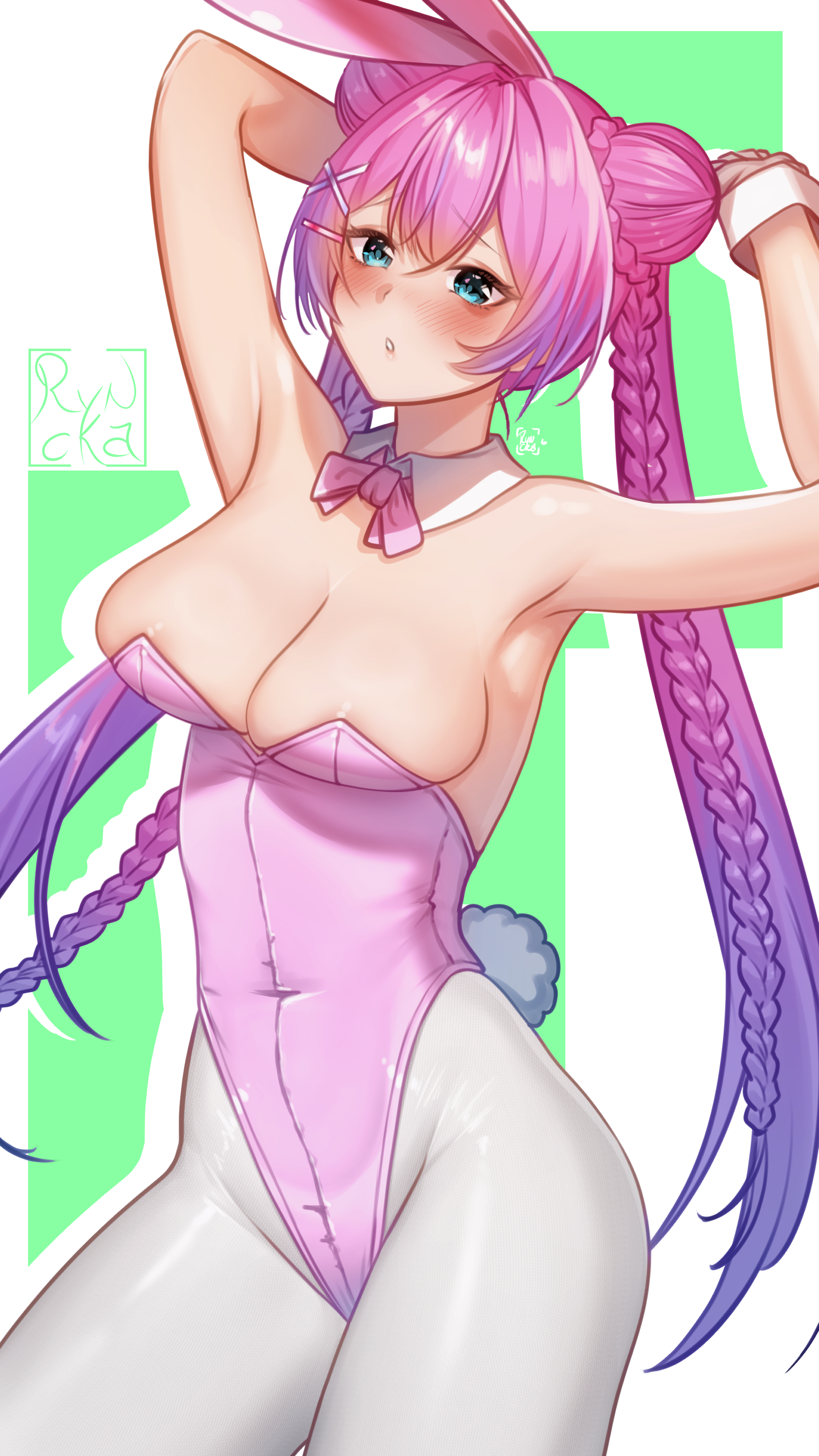 ryncka, miki vine, indie virtual youtuber, 1girl, animal ears, areola slip, armpits, arms behind head, arms up, artist name, bare shoulders, blue eyes, blush, bow, bowtie, braid, breasts, collar, cowboy shot, detached collar, double bun, embarrassed, eyelashes, fake animal ears, fake tail, female focus, gloves, gradient background, gradient hair, green background, hair bun, large breasts, leotard, long hair, looking at viewer, multicolored hair, pantyhose, parted lips, pink bow, pink bowtie, pink hair, pink leotard, playboy bunny, purple hair, rabbit ears, rabbit tail, simple background, solo, standing, strapless, strapless leotard, tail, twin braids, twintails, two-tone background, two-tone hair, virtual youtuber, white background, white collar, white gloves, white pantyhose