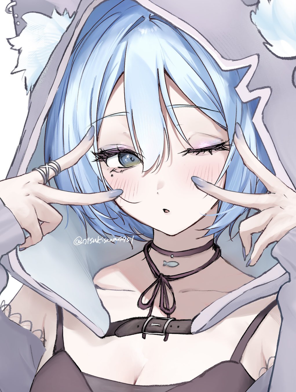 original, commentary, commentary request, commission, highres, skeb commission, 1girl, animal ears, black bra, black choker, blue hair, blue nails, bra, breasts, cat ears, choker, cleavage, detached sleeves, double v, eyeshadow, hair between eyes, hood, jewelry, makeup, multiple rings, one eye closed, open mouth, otsukisama4951, pink eyeshadow, portrait, ring, short hair, signature, solo, underwear, v