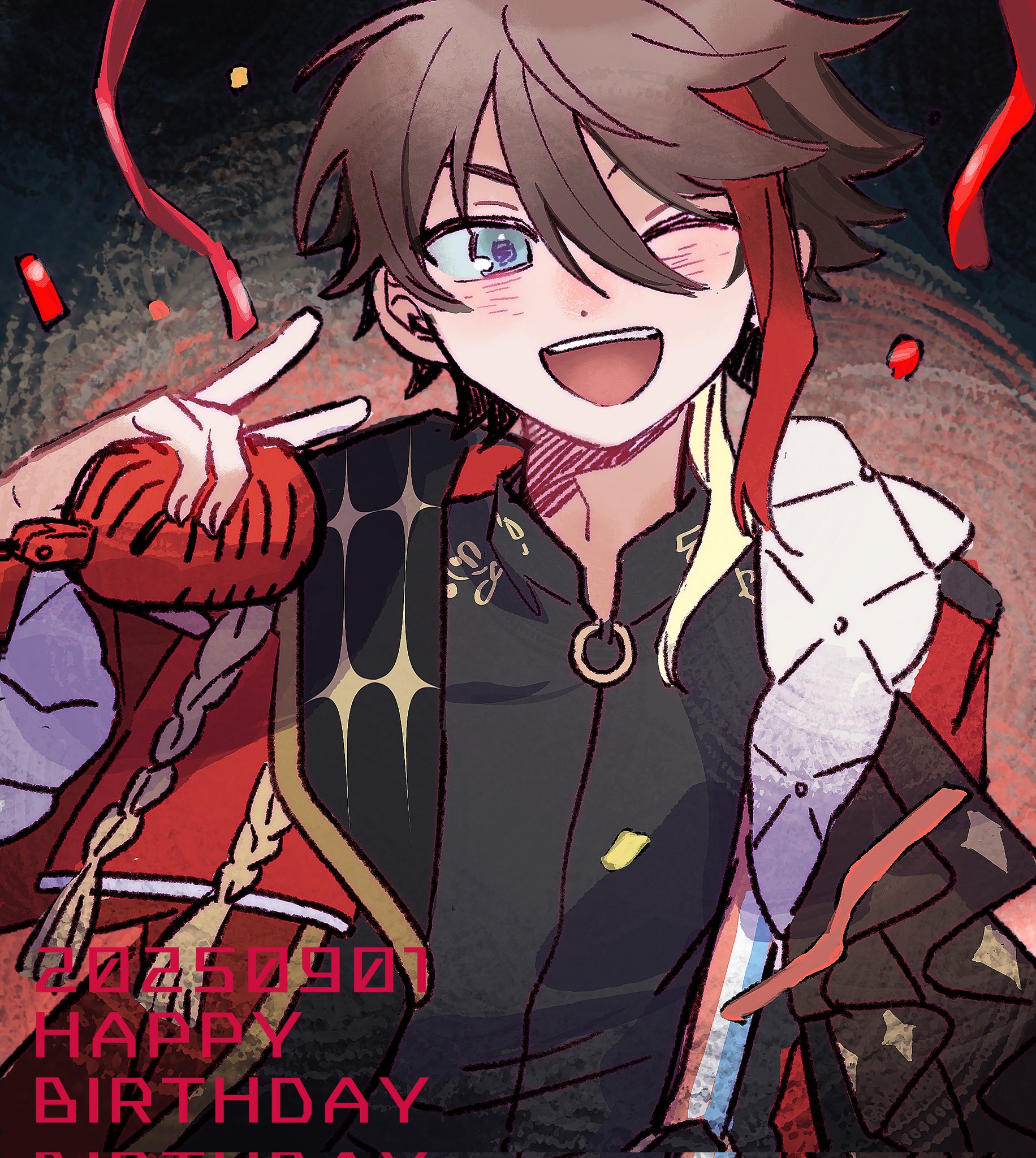 saegusa akina, saegusa akina (2nd costume), nijisanji, highres, 1boy, bkbkwnk, black shirt, blonde hair, blue eyes, blush, brown hair, confetti, happy birthday, holding, holding microphone, jacket, long sleeves, looking at viewer, male focus, microphone, multicolored hair, one eye closed, open mouth, red hair, red jacket, shirt, short hair, smile, solo, streaked hair, upper body, virtual youtuber