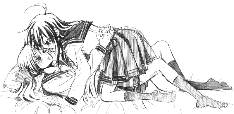kochoko, hiiragi kagami, izumi konata, lucky star, 00s, 2girls, greyscale, monochrome, multiple girls, school uniform, serafuku, sketch, yuri