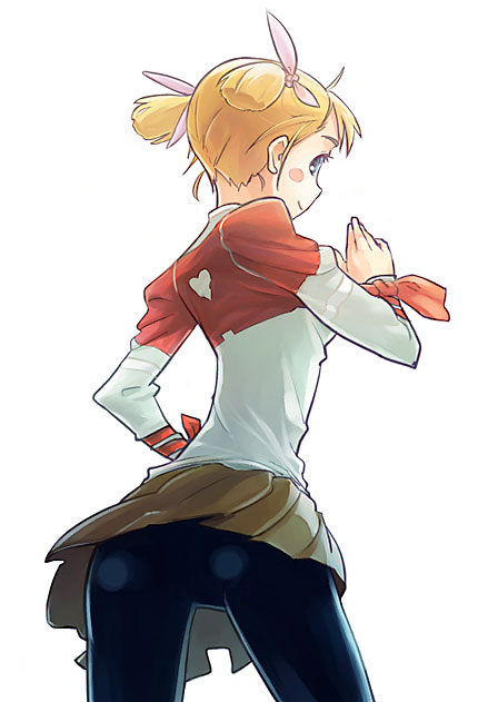 original, 1girl, ass, black pantyhose, blush, brown skirt, female focus, from behind, heart, long sleeves, miniskirt, pantyhose, pleated skirt, raglan sleeves, shirt, simple background, skirt, solo, t-shirt, twintails, upskirt, white background, wrist cuffs