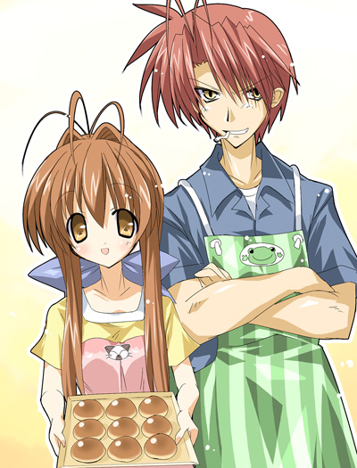 furukawa akio, furukawa sanae, clannad, 00s, 1boy, 1girl, :d, antenna hair, apron, asymmetrical hair, brown hair, closed mouth, collarbone, collared shirt, cookie, crossed arms, expressionless, food, looking at viewer, open mouth, red hair, shirt, smile, tray, twintails, yellow eyes