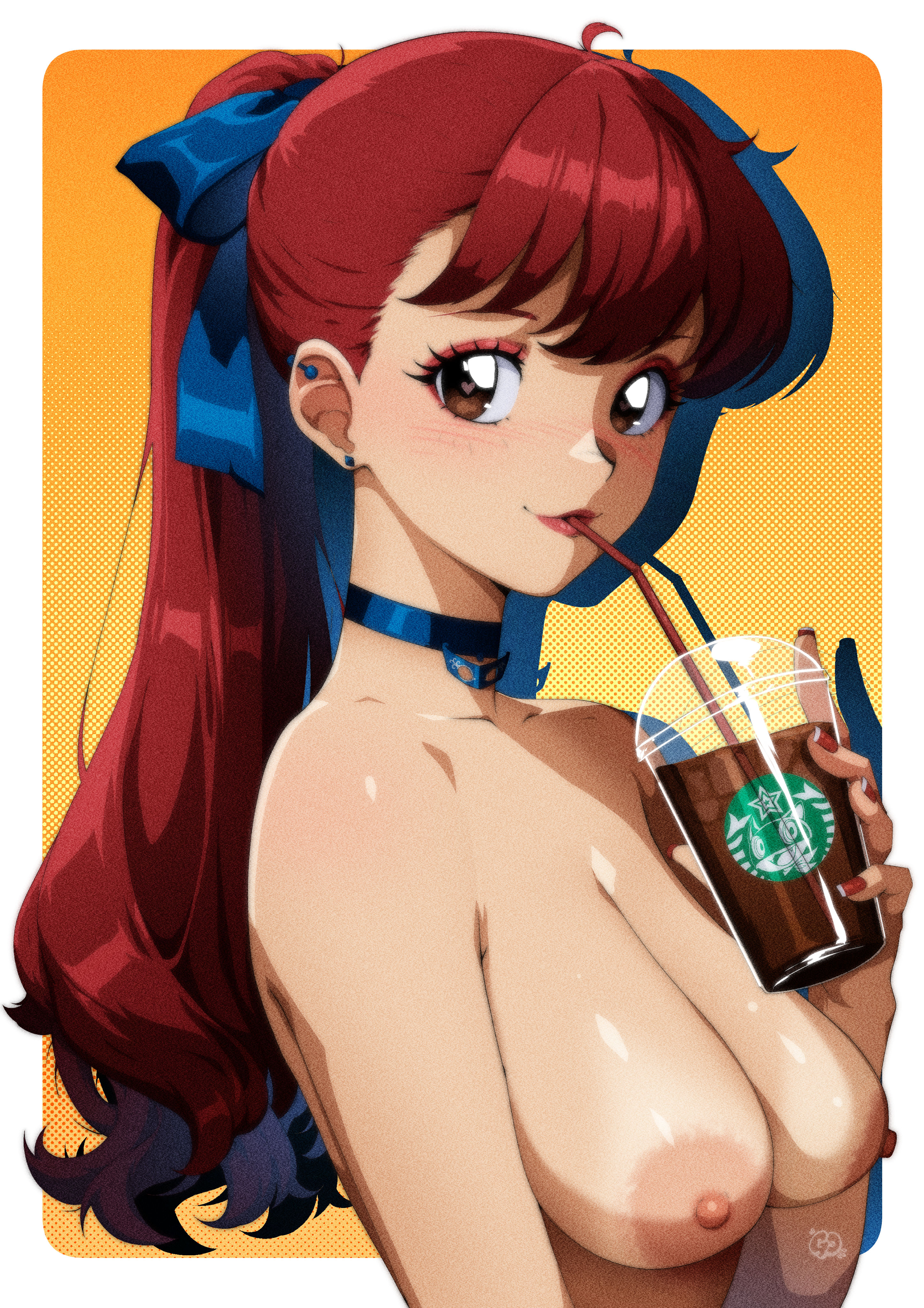 gravydood, yoshizawa kasumi, persona, persona 5, absurdres, highres, 1girl, blush, brown eyes, choker, coffee, completely nude, ear piercing, eyeshadow, female focus, heart, heart-shaped pupils, long hair, looking at viewer, makeup, nail polish, nude, piercing, ponytail, red hair, simple background, solo, symbol-shaped pupils, upper body