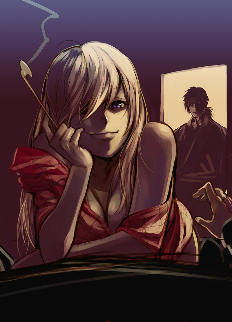 mayumio, pixiv fantasia, pixiv fantasia 1, bad id, bad pixiv id, 1girl, 2boys, bare shoulders, blonde hair, blue eyes, breasts, cleavage, holding, holding smoking pipe, japanese clothes, kiseru, medium breasts, multiple boys, off shoulder, smile, smoking pipe