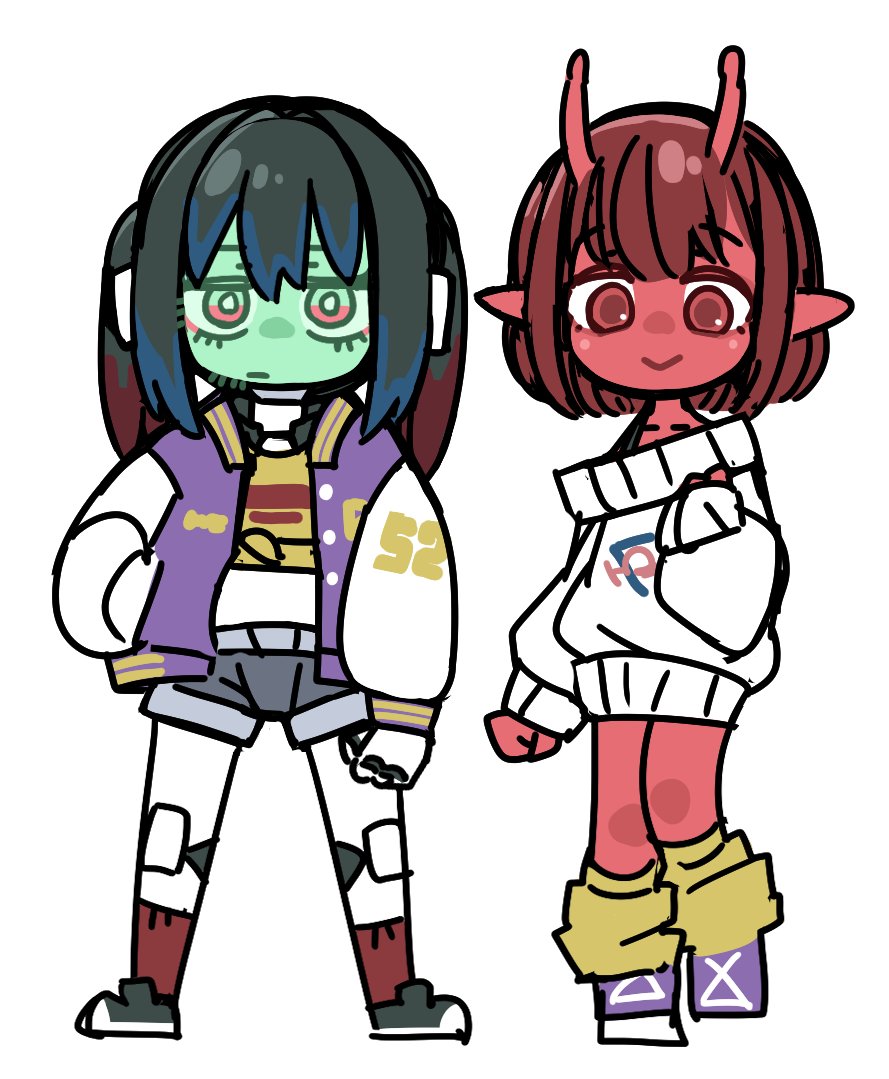 syoya, kujo chiharu, milky galactic universe, 2girls, android, antennae, baggy clothes, black hair, bob cut, brown hair, colored skin, eyelashes, jacket, kurusu makina (milky galactic universe), letterman jacket, looking at viewer, loose socks, mechanical hands, multicolored hair, multiple girls, pointy ears, red eyes, red skin, robot girl, short shorts, shorts, simple background, socks, standing, sweater, twintails