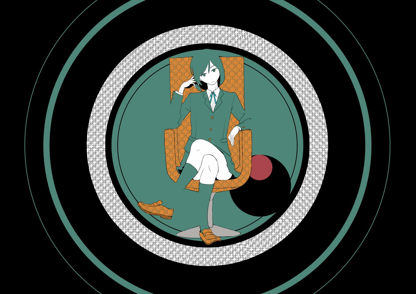 tanaka hirotaka, original, 1girl, abstract, arm up, black background, blazer, chair, crossed legs, female focus, flat color, full body, jacket, kneehighs, long sleeves, looking at viewer, school uniform, simple background, sitting, socks, solo