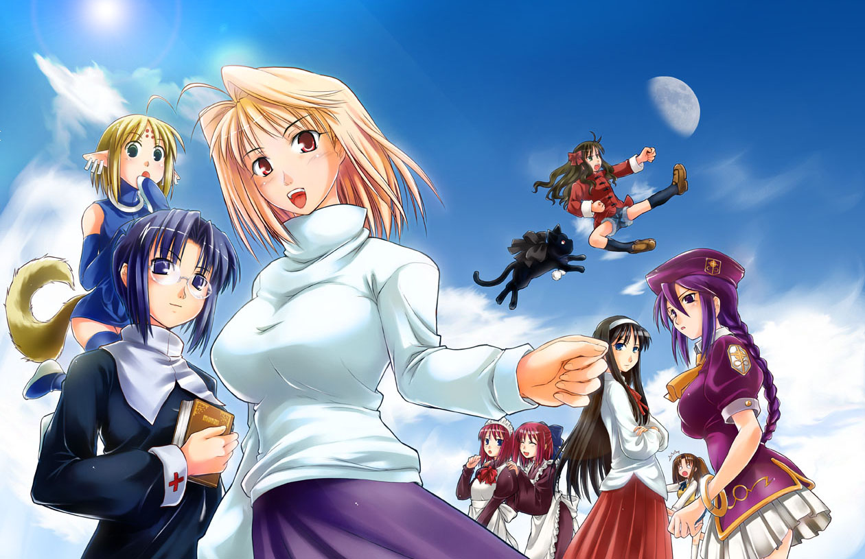 ouma tokiichi, arcueid brunestud, arima miyako, ciel (tsukihime), hisui (tsukihime), kohaku (tsukihime), len (tsukihime), nanako, nanako (tsukihime), sion eltnam (type-moon), sion eltnam atlasia, tohno akiha, yumizuka satsuki, melty blood, tsukihime, habit, hands on shoulders, 00s, 6+girls, ^^^, ascot, bare shoulders, beret, blonde hair, blue eyes, blue hair, book, bow, braid, breasts, brown hair, carrying, cat, chinese clothes, crossed arms, day, detached sleeves, dog tail, earrings, flying, flying kick, glasses, hair bow, hairband, hat, holding, hug, hug from behind, jewelry, kicking, large breasts, long hair, long skirt, looking at viewer, looking down, maid, miniskirt, moon, multiple girls, neck ribbon, pleated skirt, pointy ears, purple hair, purple skirt, red eyes, red hair, ribbon, school uniform, shirt, short hair, shoulder carry, siblings, single braid, sisters, skirt, sky, smile, sweater, tail, twins, very long hair