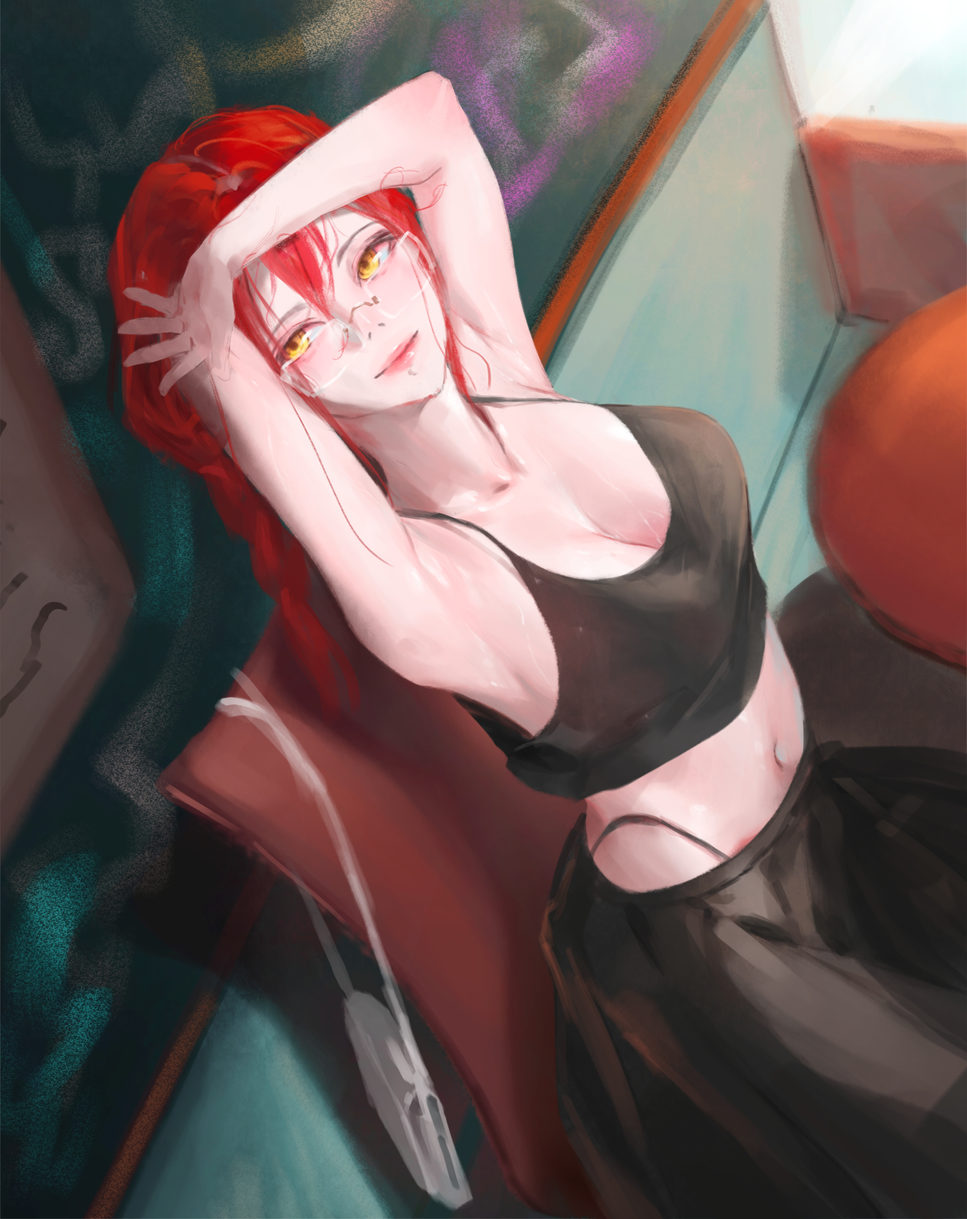 nekobell, makima (chainsaw man), chainsaw man, absurdres, highres, armpits, arms up, black necktie, black pants, black tank top, breasts, cleavage, highleg, highleg panties, long hair, looking at viewer, navel, necktie, panties, pants, red hair, ringed eyes, sitting, tank top, underwear