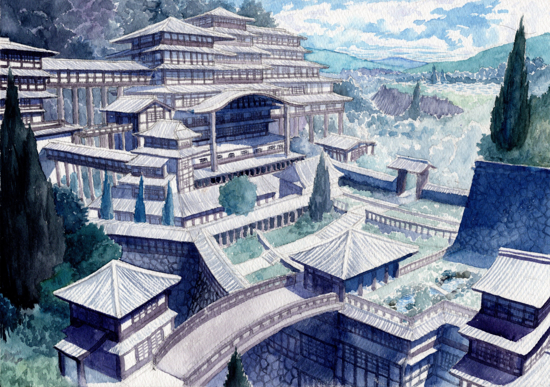 kyuui, original, commentary request, highres, painting (medium), traditional media, watercolor (medium), architecture, bridge, building, day, east asian architecture, landscape, no humans, outdoors, scenery, tree