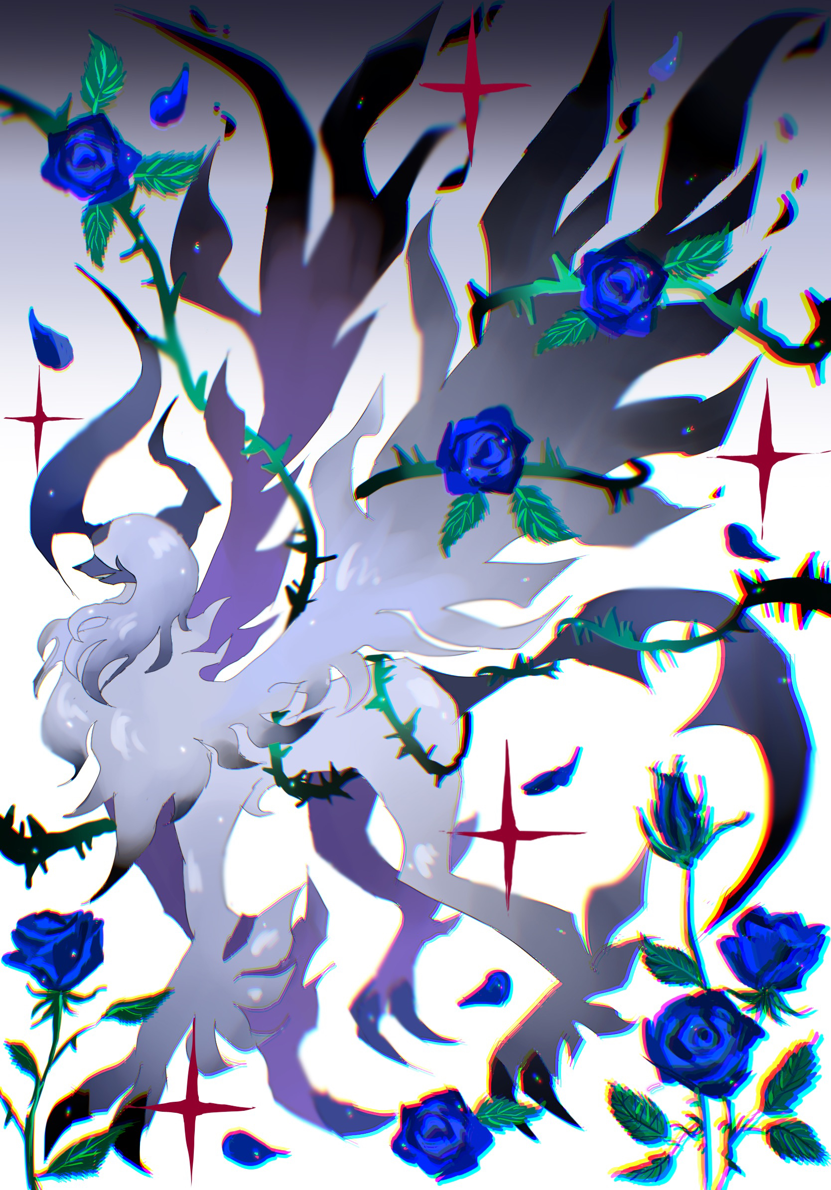 mariin (mrn 8 8), absol, mega absol, nintendo, pokemon, highres, animal focus, asymmetrical horns, aura, blue flower, blue rose, chromatic aberration, claws, flower, gen 3 pokemon, gradient background, grin, horns, mega evolution, mega pokemon, no humans, one eye covered, pokemon (creature), profile, rose, sharp tail, simple background, smile, solo, thorns, white background, white fur, white hair, white wings, wings