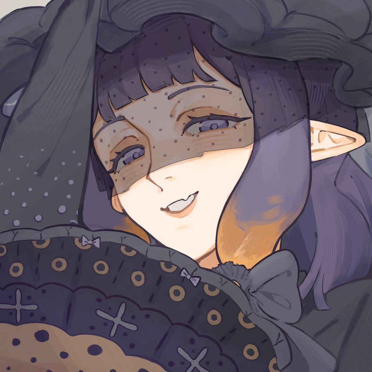 addendium, ninomae ina'nis, hololive, hololive english, highres, 1girl, black dress, black veil, dress, fang, gradient hair, hand fan, hat, looking at viewer, mob cap, multicolored hair, pointy ears, purple eyes, purple hair, skin fang, solo, tentacle hair, veil, virtual youtuber