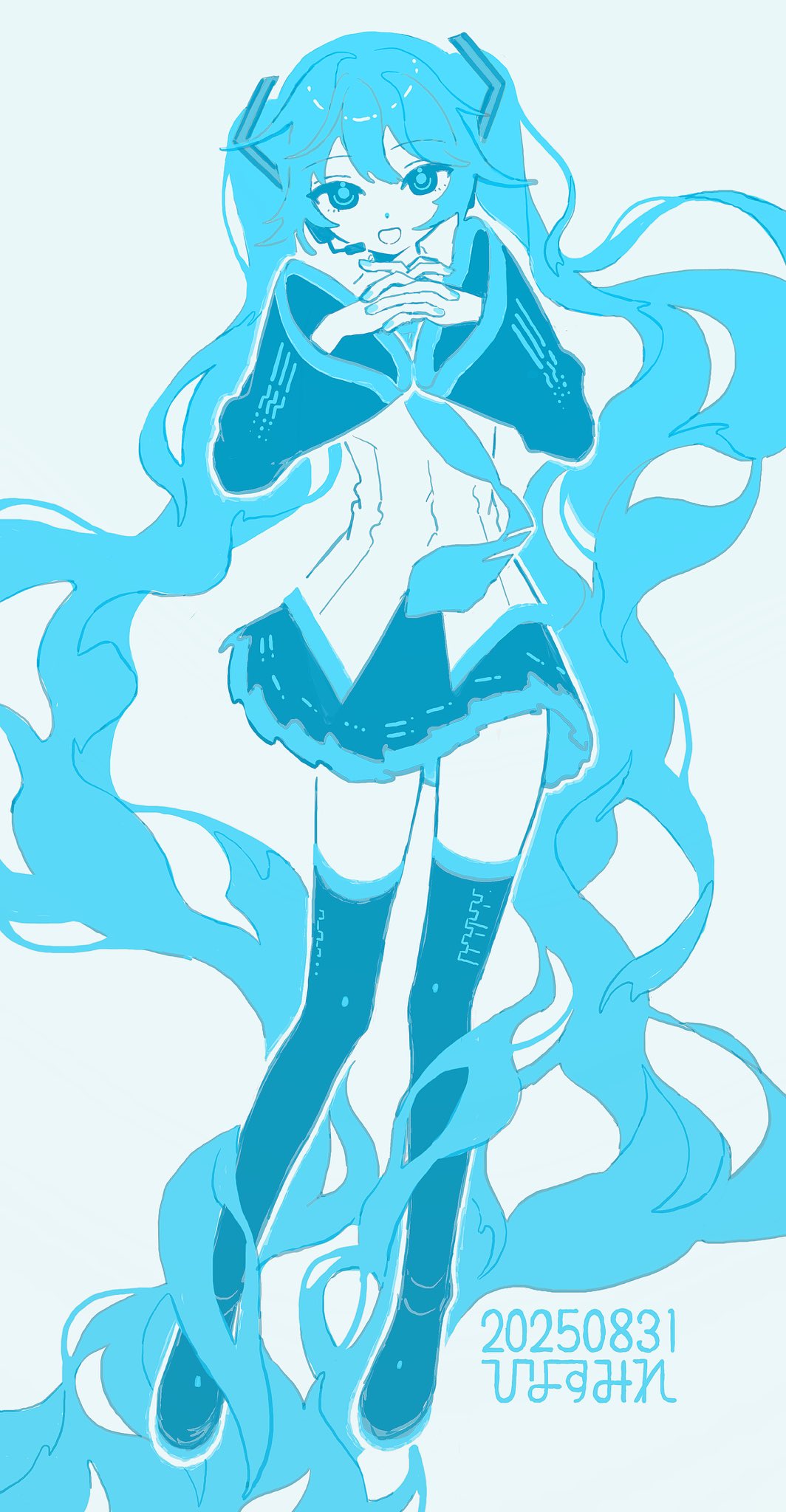 hinasumire, hatsune miku, vocaloid, highres, 1girl, :d, absurdly long hair, black skirt, blue eyes, blue hair, blue theme, boots, collared shirt, dated, detached sleeves, full body, hair between eyes, hands up, interlocked fingers, long hair, long sleeves, looking at viewer, miniskirt, monochrome, necktie, open mouth, own hands clasped, own hands together, pleated skirt, shirt, simple background, skirt, sleeveless, sleeveless shirt, smile, solo, thigh boots, thighhighs, tie clip, twintails, very long hair, zettai ryouiki