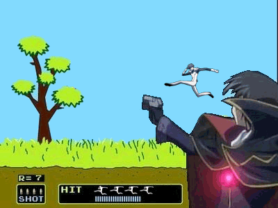 kouzuki kallen, kururugi suzaku, lelouch vi britannia, code geass, duck hunt, nes, nintendo, animated, animated gif, lowres, third-party edit, 1girl, 2boys, artistic error, famicom, game console, gun, multiple boys, parody, spinzaku, video game, weapon