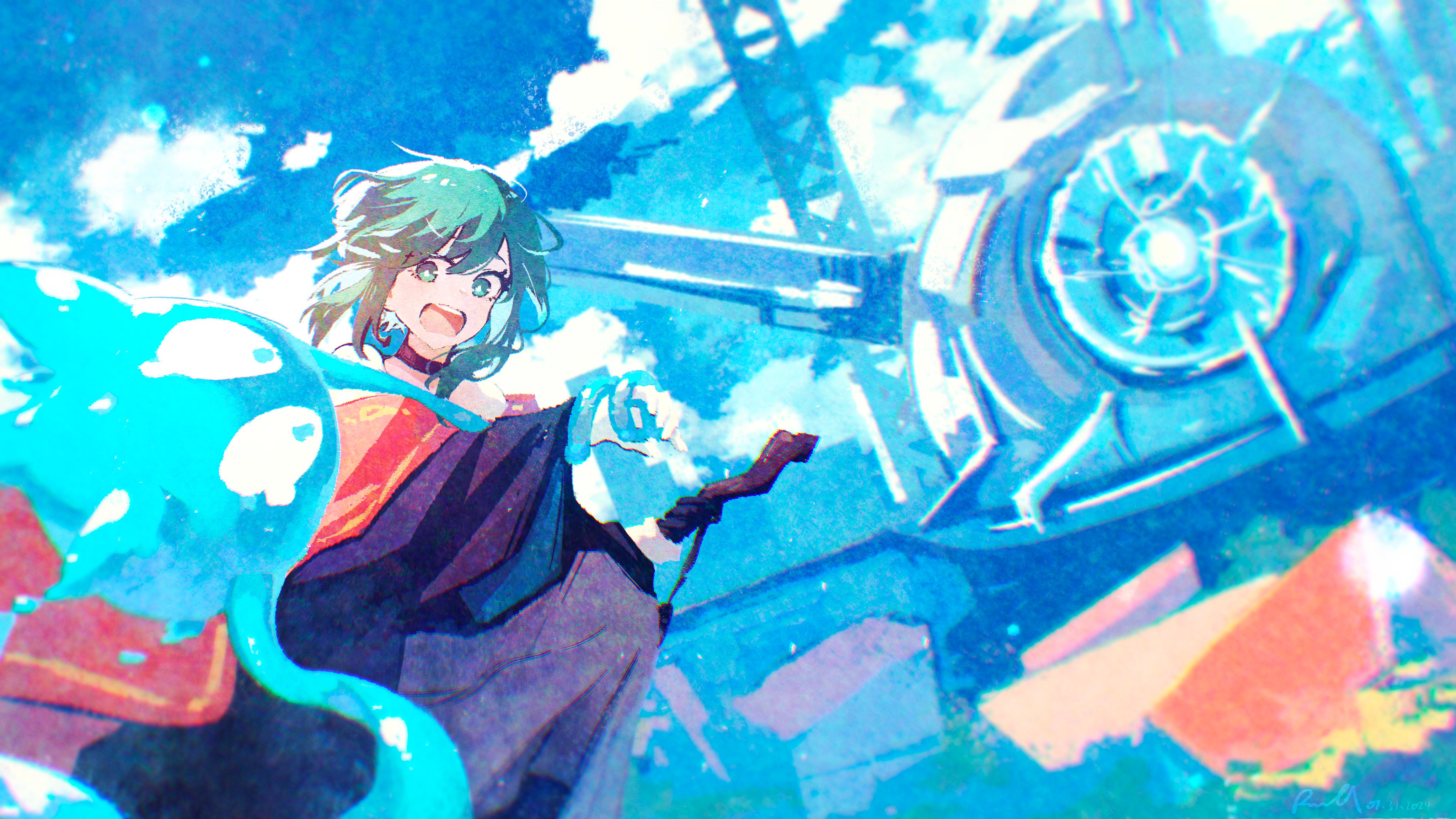 rnna, original, absurdres, highres, 1girl, ayn (rnna), background request, bare shoulders, black choker, black robe, choker, day, flying, green eyes, green hair, open mouth, outdoors, red robe, robe, short hair, slime (substance)