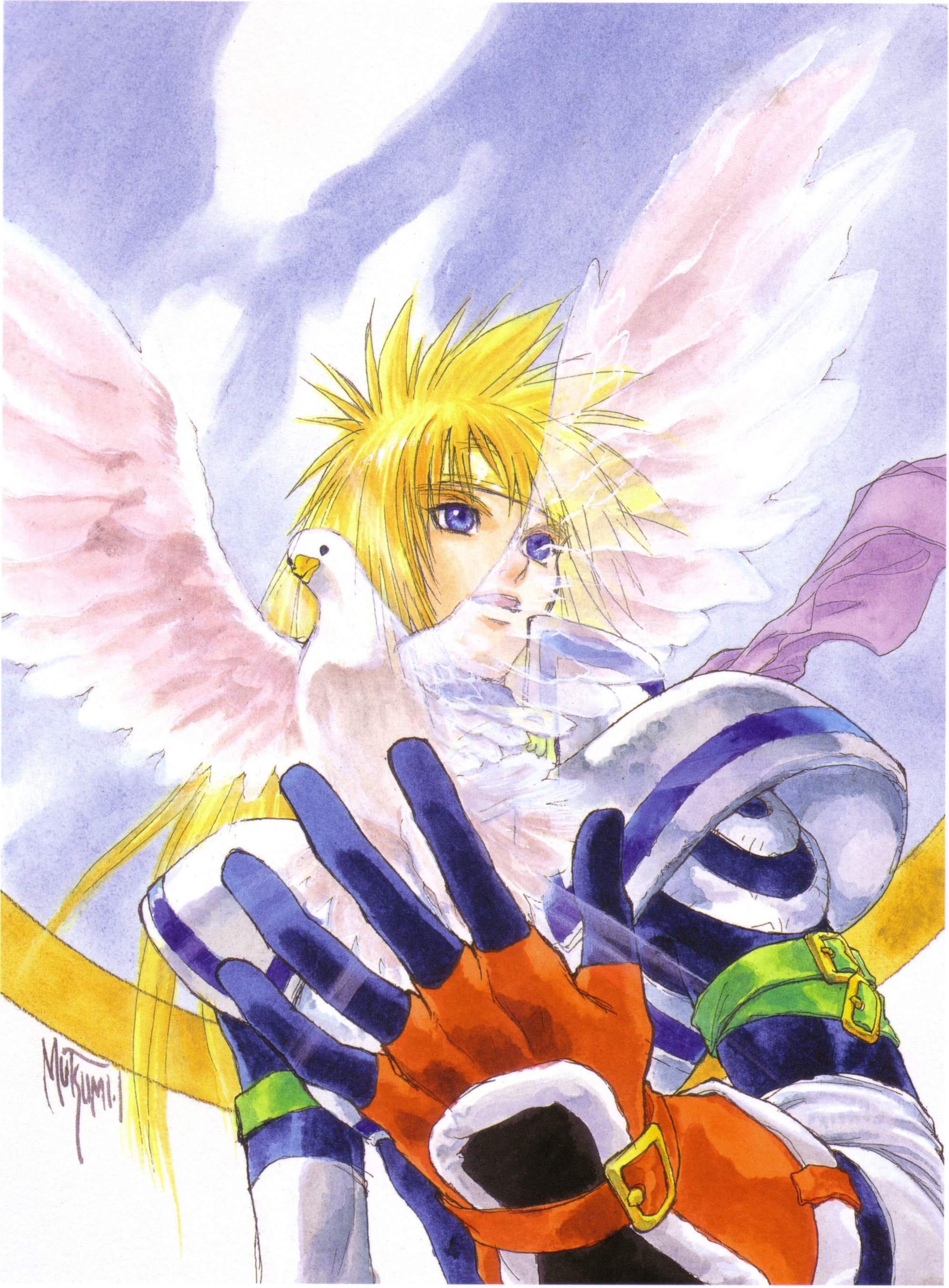 mutsumi inomata, stahn aileron, tales of (series), tales of destiny, absurdres, highres, scan, bird, dove, fantasy, warrior