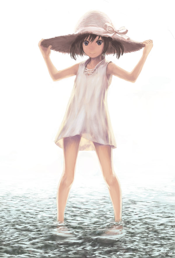chiki (botugo), original, brown hair, day, full body, hat, short hair, solo, standing, twintails, wading, water, white background, white hat