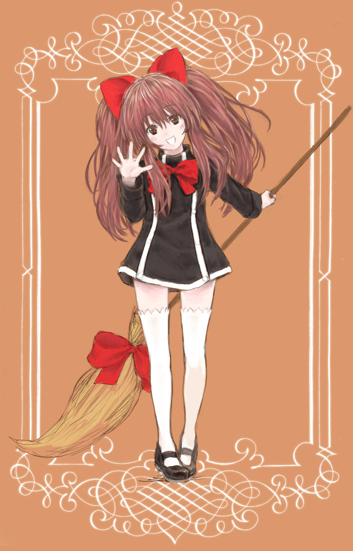 chiki (botugo), aloe, aloe (quiz magic academy), quiz magic academy, 1girl, blush, broom, brown eyes, brown hair, female focus, hair ribbon, long hair, mary janes, ribbon, shoes, solo, thighhighs, twintails, waving, zettai ryouiki