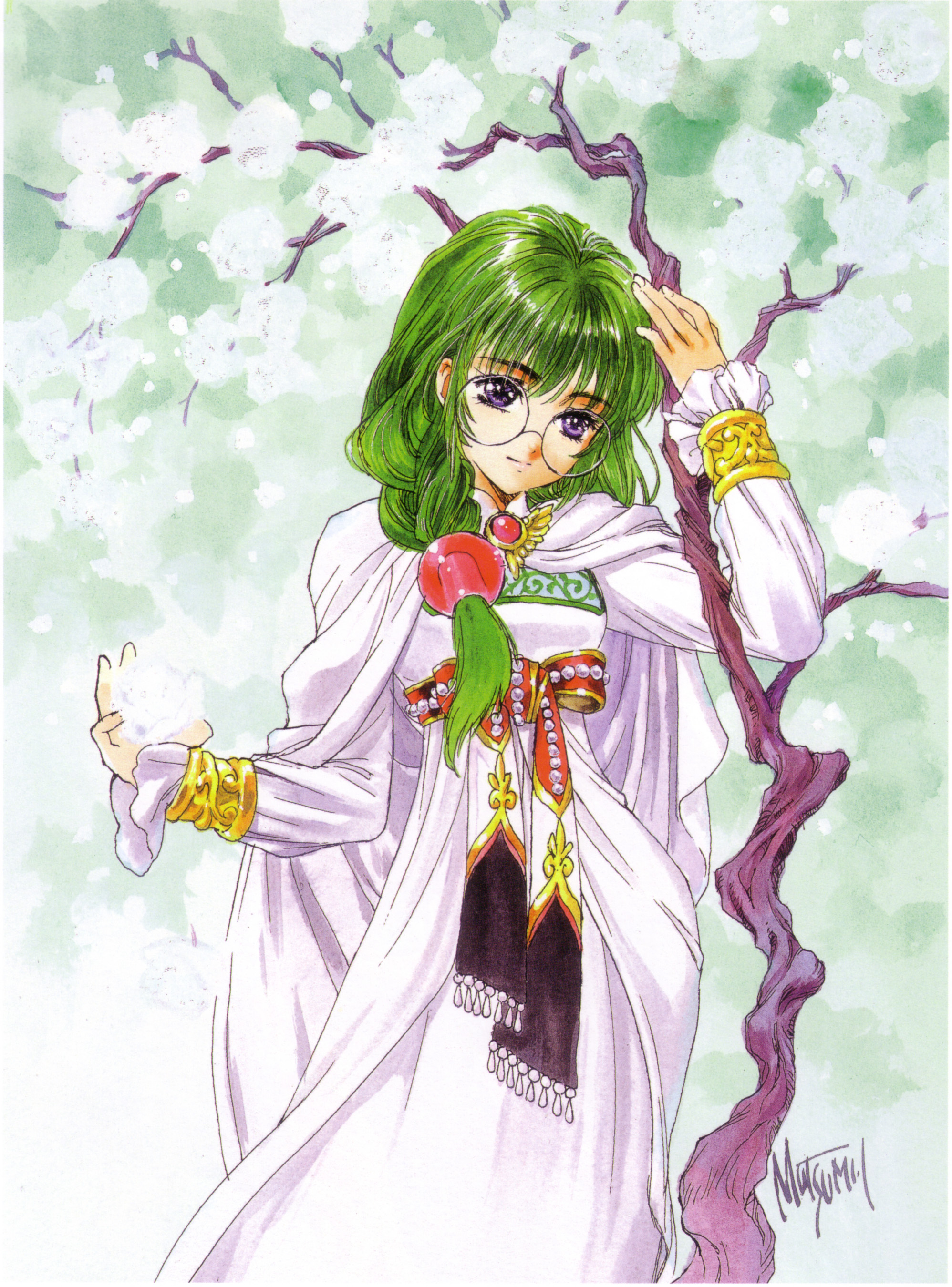 inomata mutsumi, mutsumi inomata, philia felice, tales of (series), tales of destiny, absurdres, highres, marker (medium), official art, scan, traditional media, 1990s (style), 1girl, brooch, dress, fantasy, female focus, glasses, green background, green hair, hair over shoulder, jewelry, priestess, purple eyes, retro artstyle, robe, round eyewear, signature, solo, tree, white dress, wing brooch
