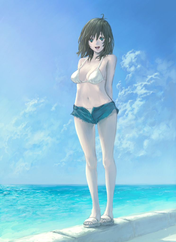 chiki (botugo), original, arms behind back, bikini, blue eyes, brown hair, cloud, cutoffs, day, denim, denim shorts, midriff, open fly, sandals, short hair, shorts, solo, swimsuit, unzipped, water, white bikini